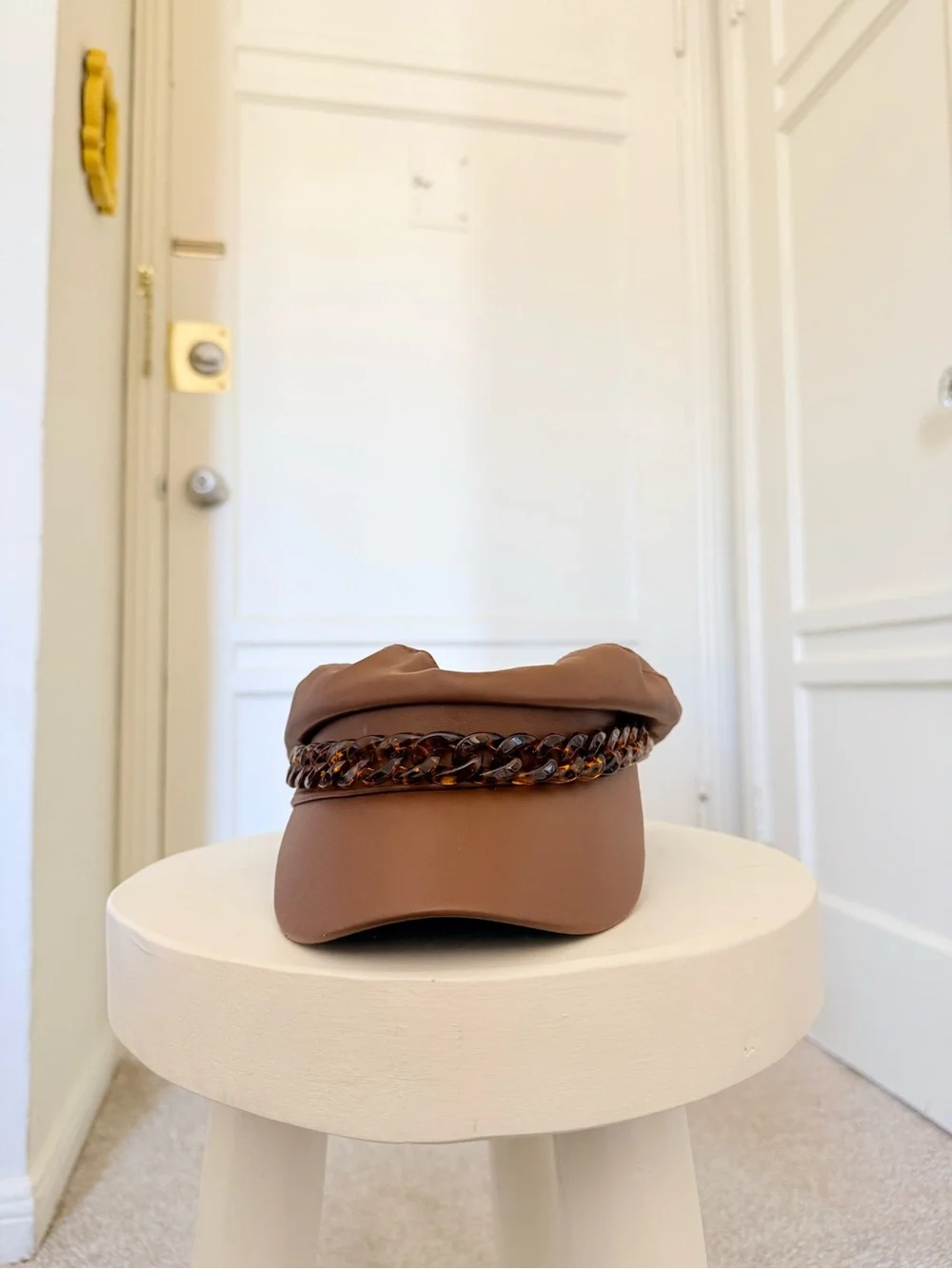 ZARA Brown Faux Leather Baker Boy Hat with Tortoiseshell Chain